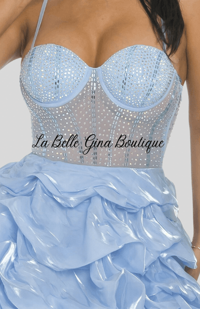 Kalisha Rhinestone Mesh Ruffle Mini Dress-Baby Blue - La Belle Gina Boutique