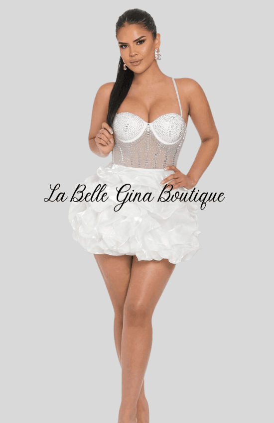 Kalisha Rhinestone Mesh Ruffle Mini Dress-White - La Belle Gina Boutique