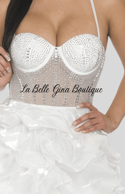 Kalisha Rhinestone Mesh Ruffle Mini Dress-White - La Belle Gina Boutique