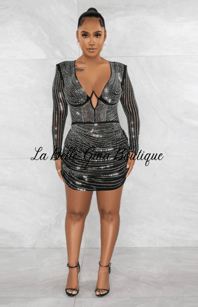 Landy Slim Bodycon Deep V- Neck Mini Dress- Black - La Belle Gina Boutique
