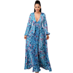Lara Floral Print Pleated Maxi Dress-Blue Combo - La Belle Gina Boutique