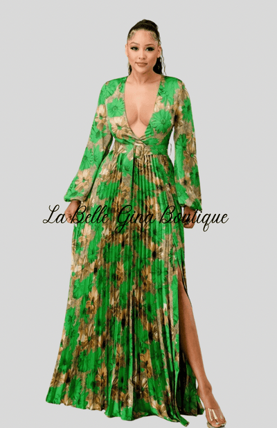 Lara Floral Print Pleated Maxi Dress-Green Combo - La Belle Gina Boutique