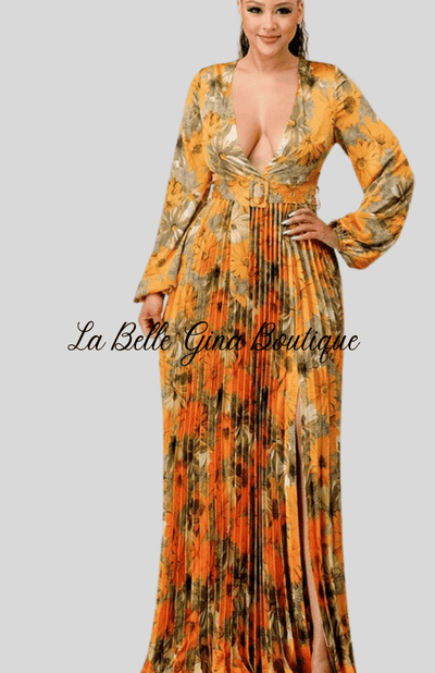 Lara floral Print Pleated Maxi Dress-Orange Combo - La Belle Gina Boutique