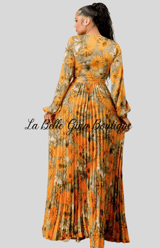 Lara floral Print Pleated Maxi Dress-Orange Combo - La Belle Gina Boutique