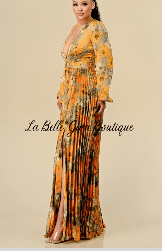 Lara floral Print Pleated Maxi Dress-Orange Combo - La Belle Gina Boutique