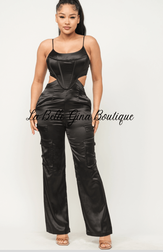 Laura Open Back Elastic Shirring Detail Jumpsuit-Black - La Belle Gina Boutique