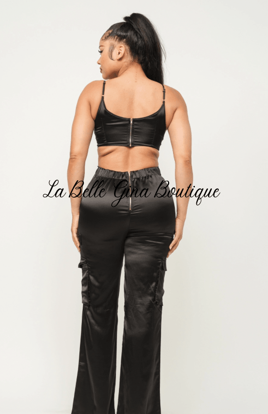 Laura Open Back Elastic Shirring Detail Jumpsuit-Black - La Belle Gina Boutique