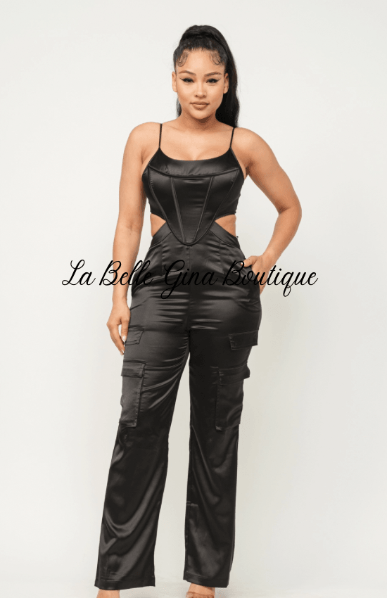 Laura Open Back Elastic Shirring Detail Jumpsuit-Black - La Belle Gina Boutique