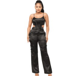 Laura Open Back Elastic Shirring Detail Jumpsuit-Black - La Belle Gina Boutique