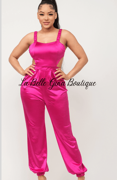 Laura Open Bow Tie Elastic Shirring Detail Jumpsuit-Fuchsia - La Belle Gina Boutique