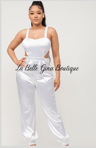 Laura Open Bow Tie Elastic Shirring Detail Jumpsuit-White - La Belle Gina Boutique