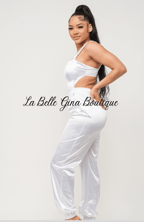 Laura Open Bow Tie Elastic Shirring Detail Jumpsuit-White - La Belle Gina Boutique