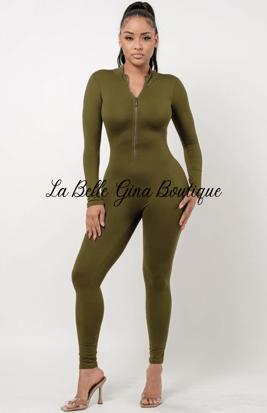 Lia Zipper Front Mock Neck Jumpsuit - La Belle Gina Boutique