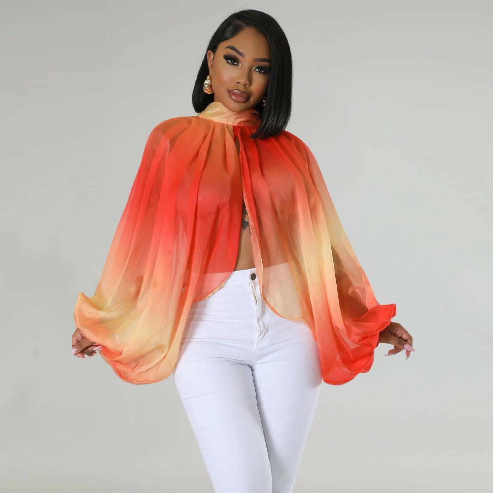 Lise Lace-up Printed Chiffon shirt Bat Sleeves Top-Orange - La Belle Gina Boutique