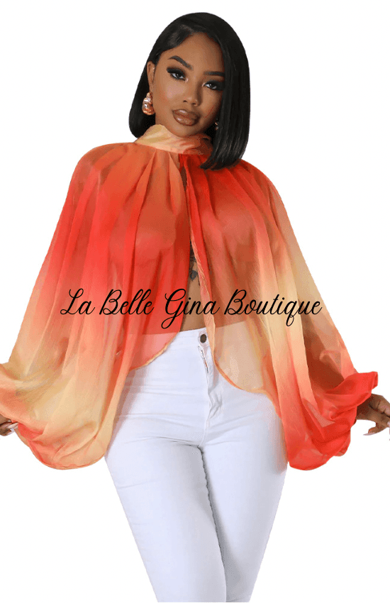 Lise Lace-up Printed Chiffon shirt Bat Sleeves Top-Orange - La Belle Gina Boutique