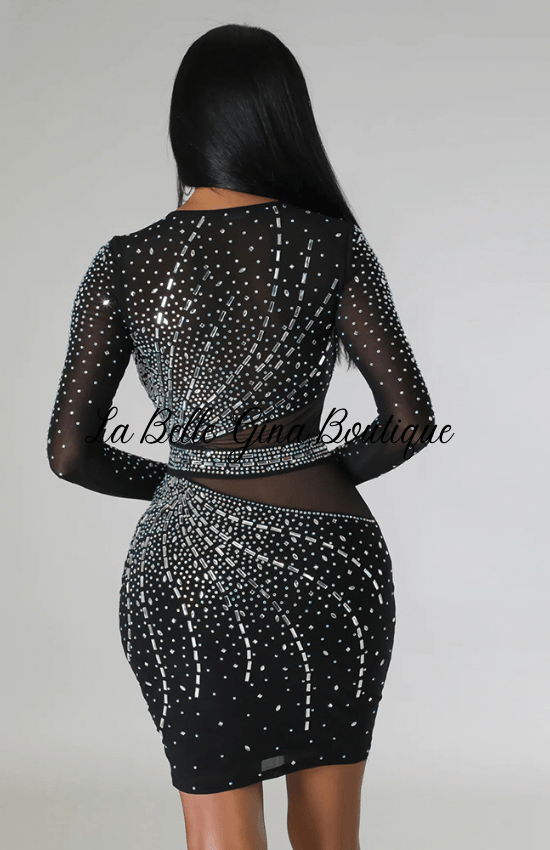 Lora Round Neck Long Sleeve Beaded Sexy See-Through Bodycon Dress-Black - La Belle Gina Boutique