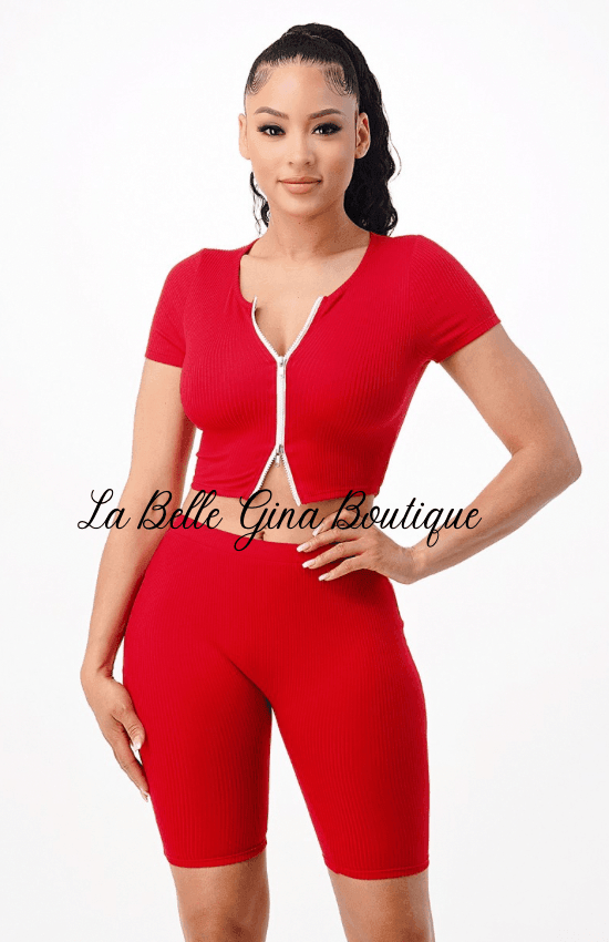 Lorie 2 Piece Ribbed Crop Split Zipper top Sets - La Belle Gina Boutique