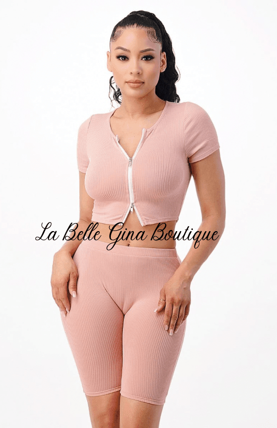 Lorie 2 Piece Ribbed Crop Split Zipper top Sets - La Belle Gina Boutique