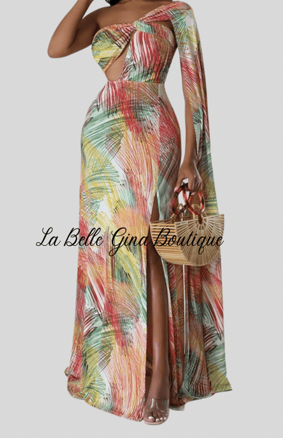 Lucie Semi-Stretch One Shoulder Maxi Dress-Multi - La Belle Gina Boutique