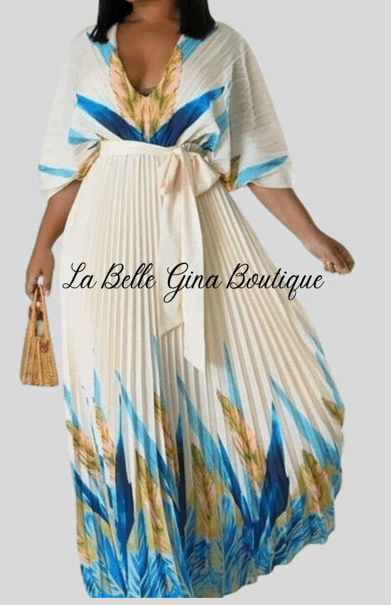 Malia Pleated Self Tie Waist Maxi Dress-Cream - La Belle Gina Boutique