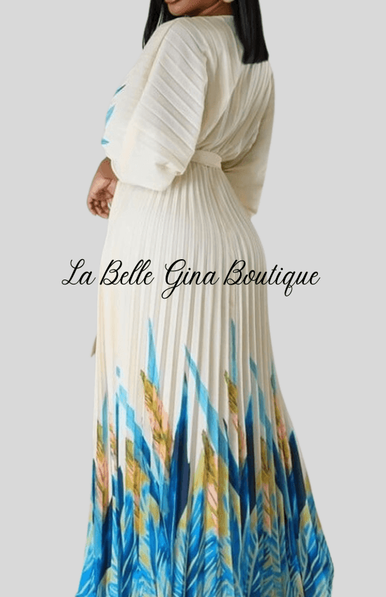 Malia Pleated Self Tie Waist Maxi Dress-Cream - La Belle Gina Boutique