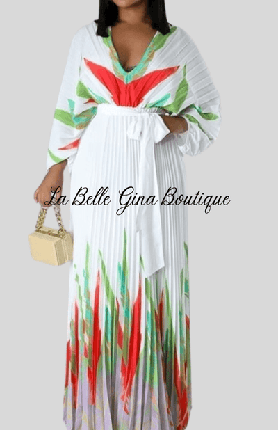 Malia Pleated Self Tie Waist Maxi Dress-White - La Belle Gina Boutique