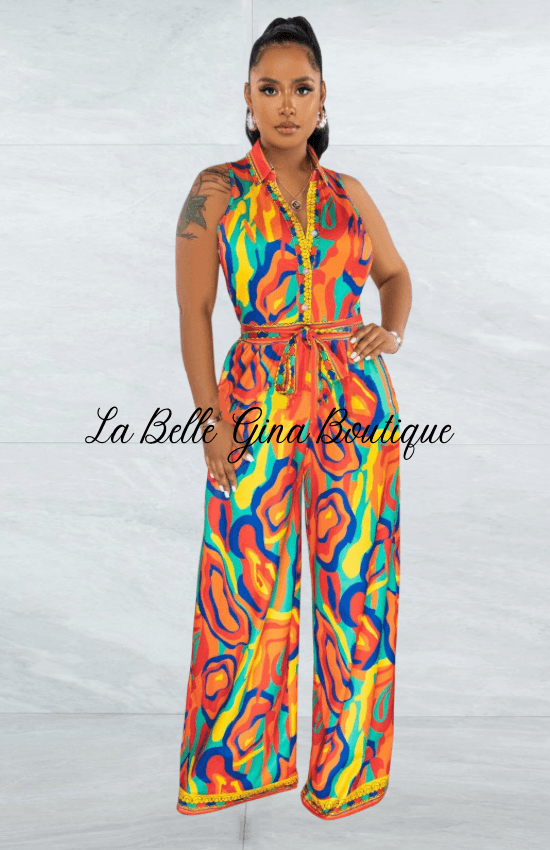 Marlie Ethic Sleeveless positioning Print Wide Leg Jumpsuit-Orange - La Belle Gina Boutique