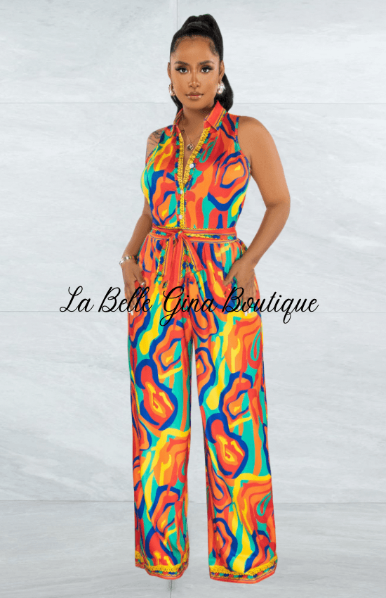 Marlie Ethic Sleeveless positioning Print Wide Leg Jumpsuit-Orange - La Belle Gina Boutique