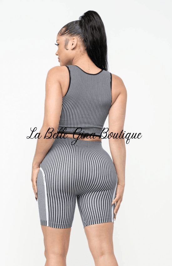 Marthe Striped Crop Top And Bliker Shorts Set-Black/White - La Belle Gina Boutique