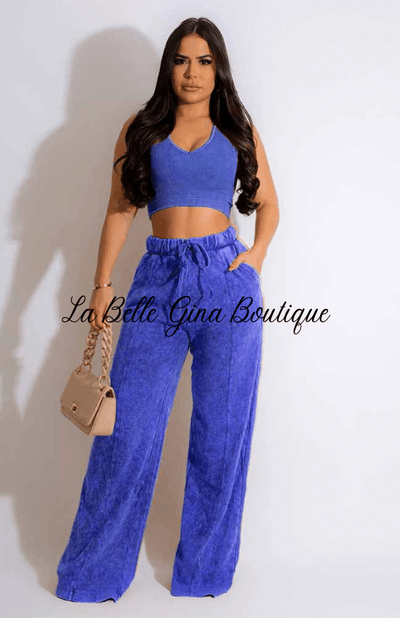 Mya Sleeveless Open Waist Short Top Wide Leg pants Set-Blue - La Belle Gina Boutique