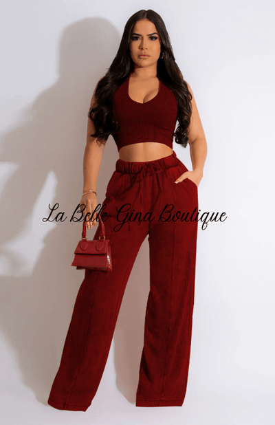Mya Sleeveless Open Waist Short Top Wide Leg pants Set-Burgundy - La Belle Gina Boutique
