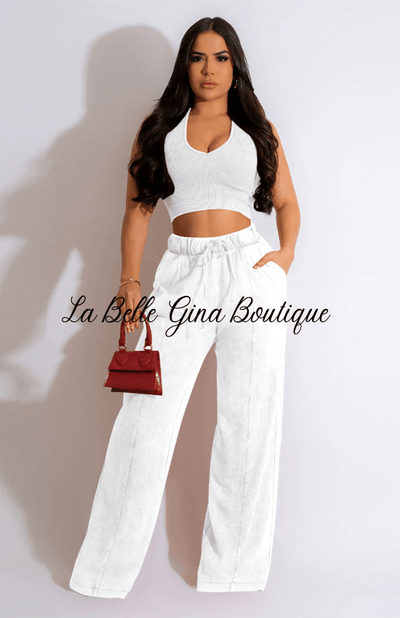 Mya Sleeveless Open Waist Short Top Wide Leg pants Set-white - La Belle Gina Boutique
