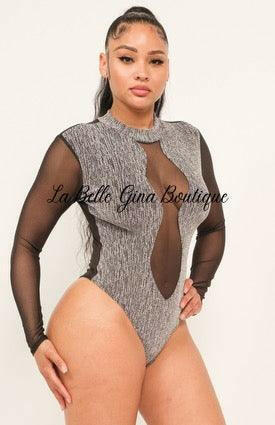 Nellie Lurex Print Contrast Mesh Mock Neck Bodysuits - La Belle Gina Boutique