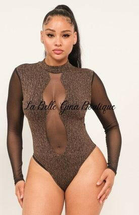Nellie Lurex Print Contrast Mesh Mock Neck Bodysuits - La Belle Gina Boutique