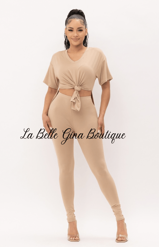 Rose Brushed Short Sleeve V-Neck Side Slit top And Leggings set - La Belle Gina Boutique