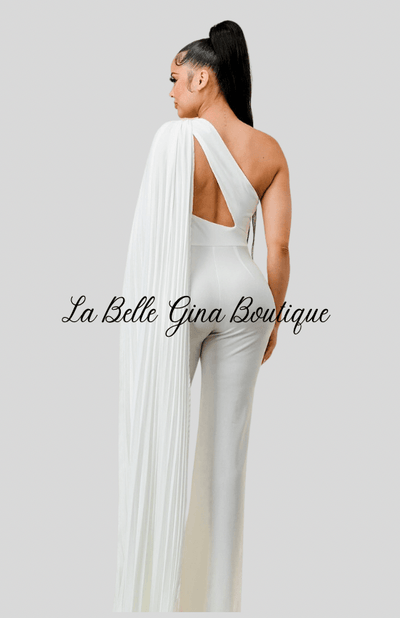 Rose One shoulder Cut Out With Pleats layered Jumpsuit-White - La Belle Gina Boutique