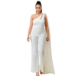 Rose One shoulder Cut Out With Pleats layered Jumpsuit-White - La Belle Gina Boutique