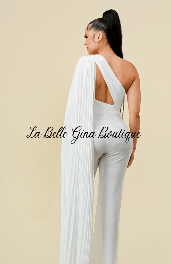 Rose One Shoulder Cut Out Wlth Pleats Layered Jumpsuit-Black - La Belle Gina Boutique
