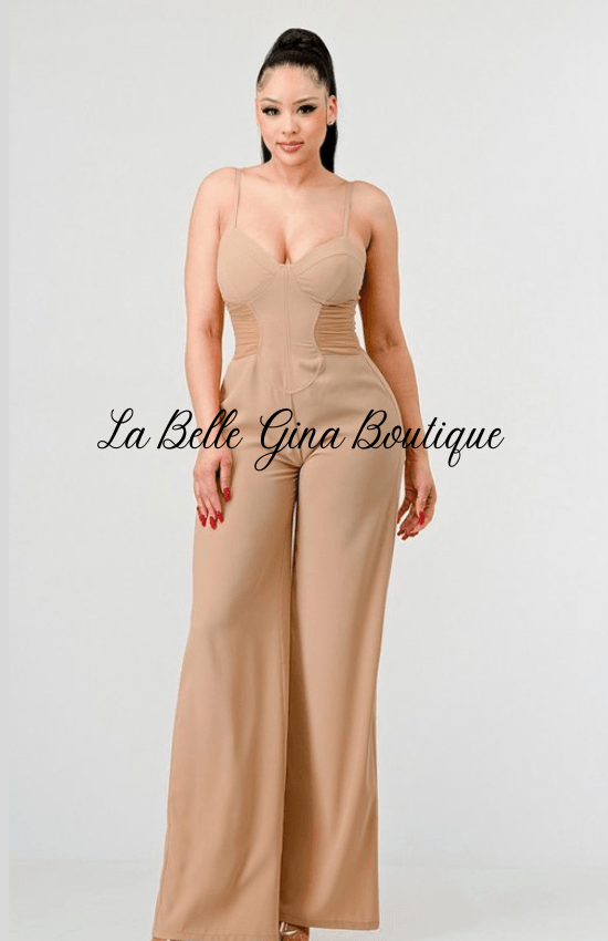 Sandia Chic Silky Dobby Sweetheart side Mesh Jumpsuit-Taupe - La Belle Gina Boutique