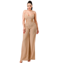 Sandia Chic Silky Dobby Sweetheart side Mesh Jumpsuit-Taupe - La Belle Gina Boutique