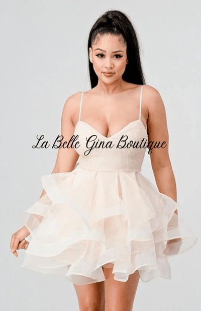 Sandy Sequin And Tulle Sweetheart Neckline Ruffle Mini Dress-Cream - La Belle Gina Boutique