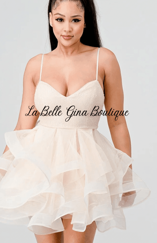 Sandy Sequin And Tulle Sweetheart Neckline Ruffle Mini Dress-Cream - La Belle Gina Boutique