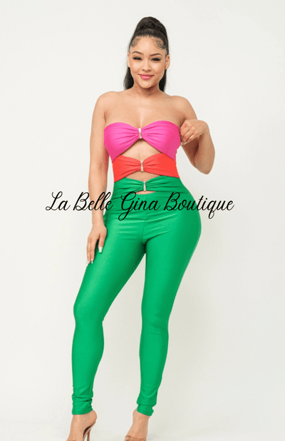 Vena Color Block Front Shirring Cut Out Rings Jumpsuit-Green Combo - La Belle Gina Boutique