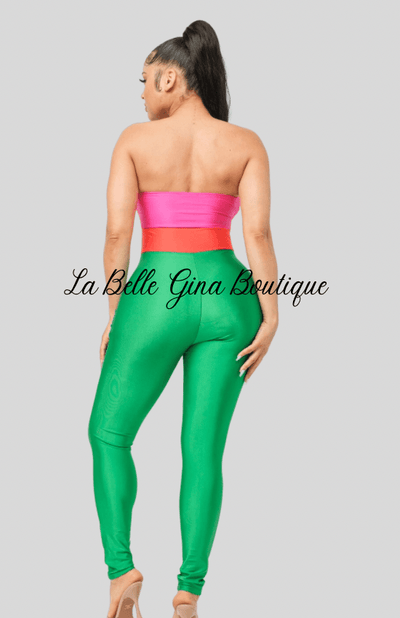 Vena Color Block Front Shirring Cut Out Rings Jumpsuit-Green Combo - La Belle Gina Boutique