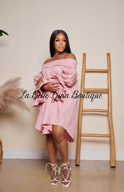 Aimee off shoulder flare sleeve loose Dress-pink - La Belle Gina Boutique