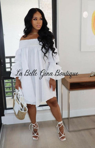 Aimee off shoulder flare sleeve loose Dress-White - La Belle Gina Boutique