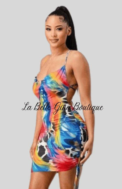 Angel Multi color side drawstring Mini Dress - La Belle Gina Boutique