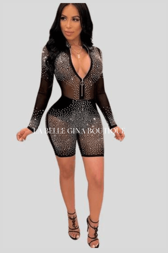 BAE mesh patch studded sequine zipper see through romper. - La Belle Gina Boutique