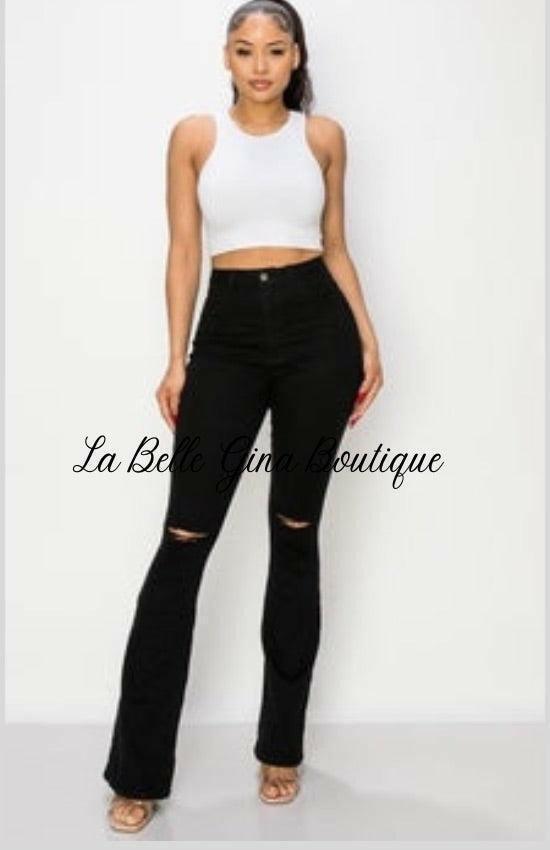 BEN Junior flare black jeans knee cut leg opening. - La Belle Gina Boutique