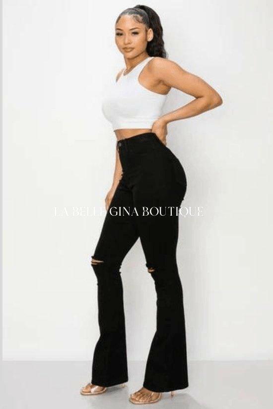 BEN Junior flare black jeans knee cut leg opening. - La Belle Gina Boutique